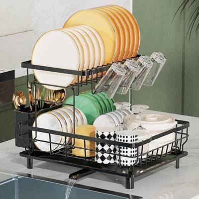 2 Tier Large Dish Drainer Drying Rack Drying for Kitchen Sink with Drip Tray, Stainless Steel Metal Anti Rust