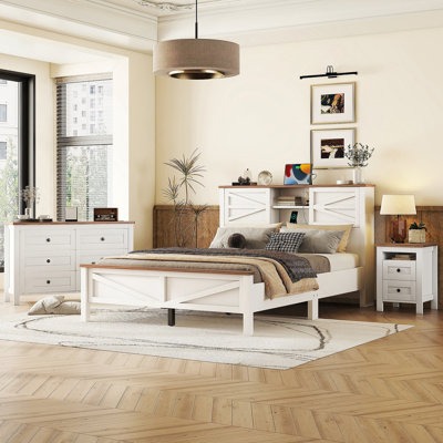 3-Pieces Bedroom Sets Queen Size Farmhouse Platform Bed with Double Sliding Door Storage Headboard, Storage Nightstand and Dresser, White+Brown by Orren Ellis