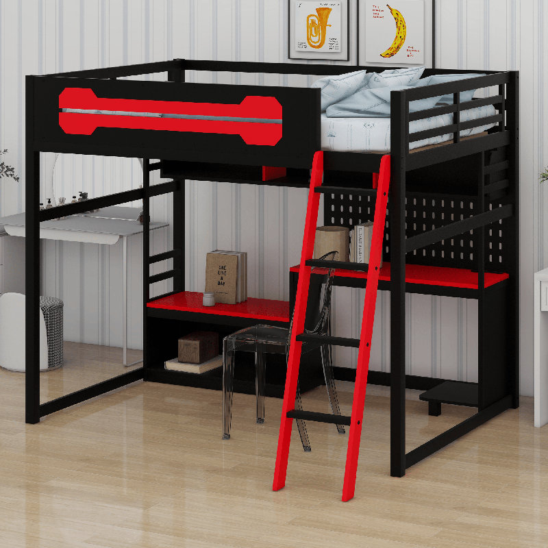 Lit mezzanine en bois avec bureau, Noir / Rouge