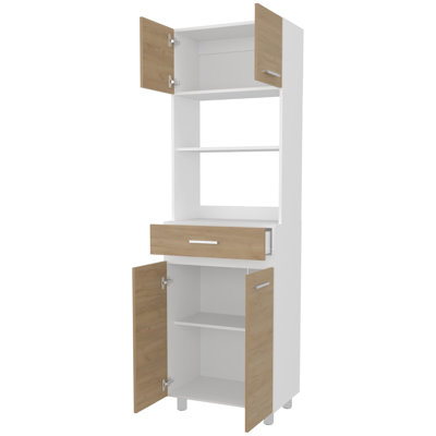 Armoire de rangement blanche à 4 portes et 1 porte pour organiser les ustensiles et le linge de cuisine avec tiroir et deux tablettes pour une organisation efficace