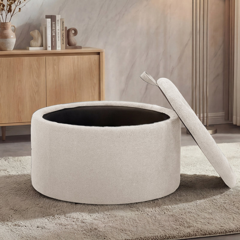 Repose-pieds capitonné rond 27,5 po avec rangement, Chenille - Oatmeal