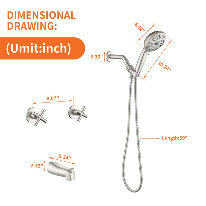 Système de douche complet à contrôle de volume avec valve brute, Nickel brossé