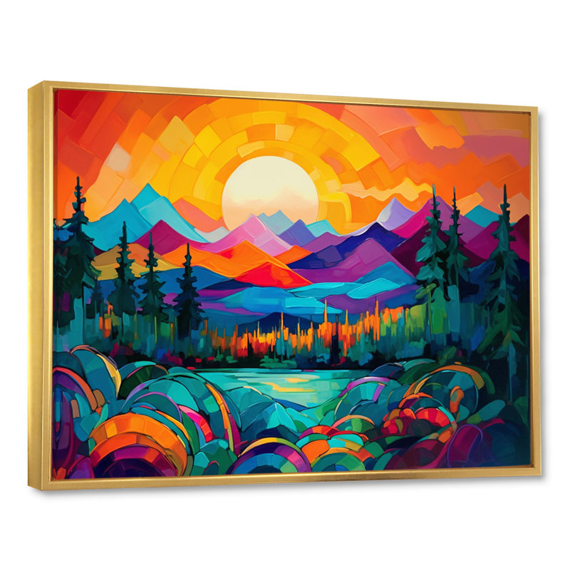 «Vibrant Sunset Shining Over Mountains II», art sur toile, H 16 po x l 32 po x P 1 po, Cadre flottant doré