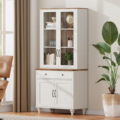 Bibliothèque Corretta à 5 niveaux (183 cm H x 86 cm L) avec portes vitrées, étagère avec grand espace de rangement, style bibliothèque de ferme, en bois blanc, idéale pour le salon, le bureau ou la cuisine.