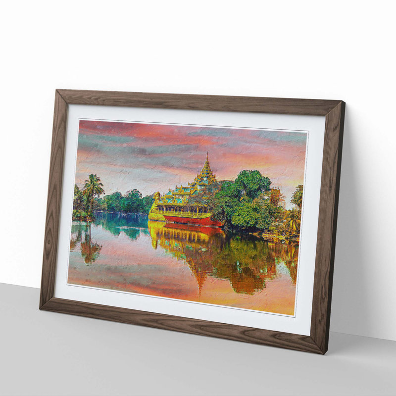 Karaweik Palace in Yangon Myanmar - Picture Frame Painting Print, 27cm H x 36cm W x 2cm D, Walnut Framed
