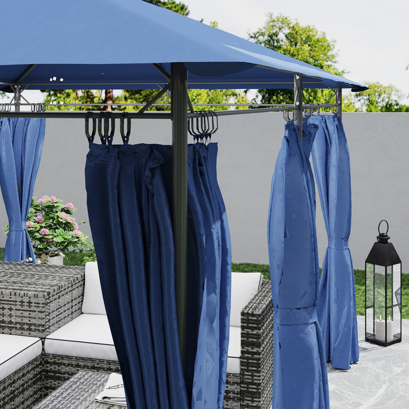 Pavillon de jardin à double toit 10 'x 13' avec rideaux, pavillon bleu d'extérieur