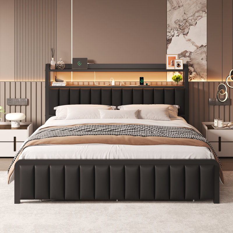 Queen Metal Platform Bed with 2-Tier Storage Headboard, Charging Station, Bed-End Drawer, LED Lights, Easy Assembly, Black
