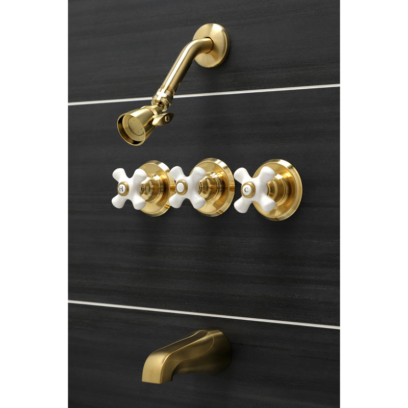 Kingston Brass Victorian Triple-Handle Tub and Shower Faucet, Brushed Brass