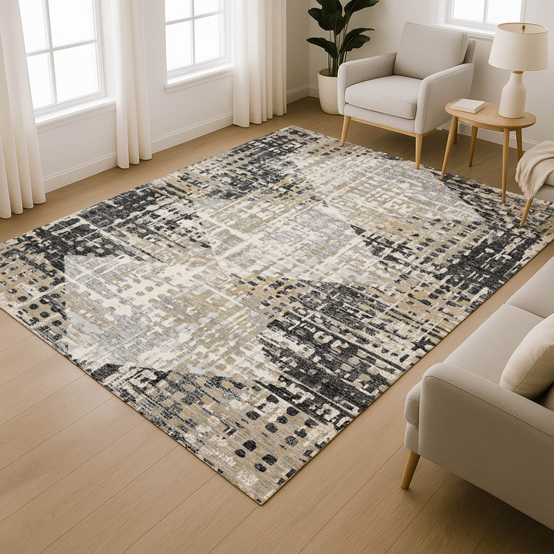 Premium Machine Washable Mayfield AMF2116 Geometric Rug, 3' x 5', Black