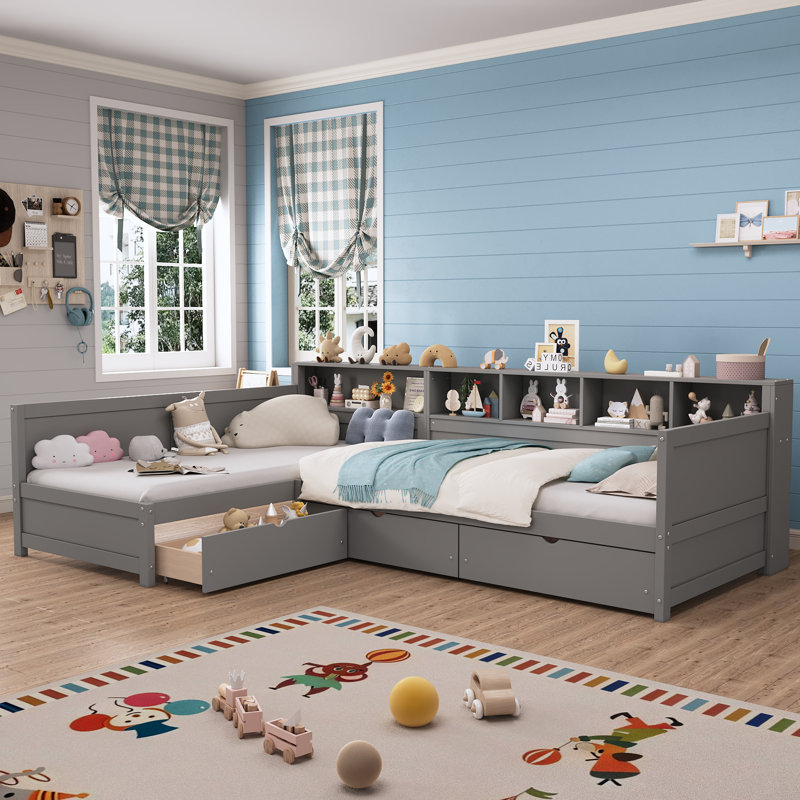  Lit de jour simple en L pour 2 avec 3 tiroirs de rangement, structure de lit d'angle en bois avec bibliothèque pour chambre à coucher, gris