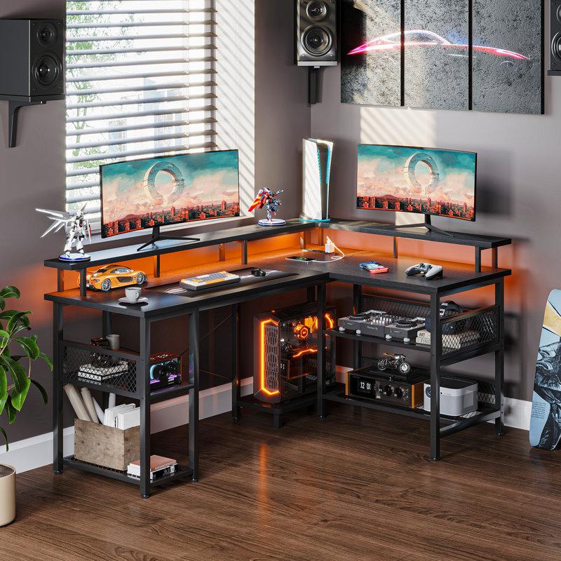 Latarya L-Shaped Desk with Steel Storage Shelves,Reversible Computer Desk with Built-in Outlets and LED Strip Lights, Black
