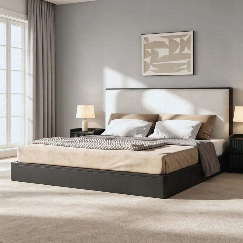 Cadre de lit plateforme Queen avec tête de lit capitonnée bouclée, sommier non requis, bois noir et blanc crème, Grand lit
