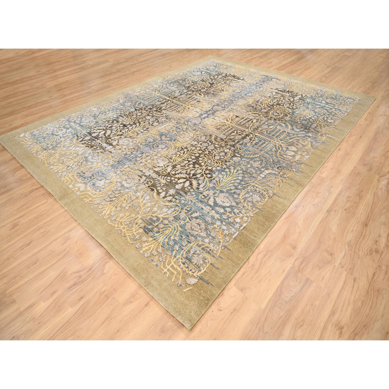 Tapis oriental brun sarcelle 9 pi 2 po x 12 pi en soie avec laine texturée, style transitionnel Sarouk 9FDFA033A24846EFBF2B7B7393E803BC