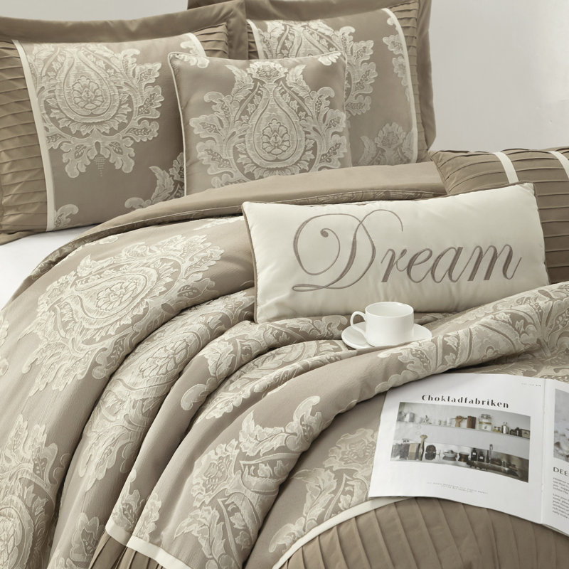 Beige King Damask Microfiber 7-Piece Comforter Set