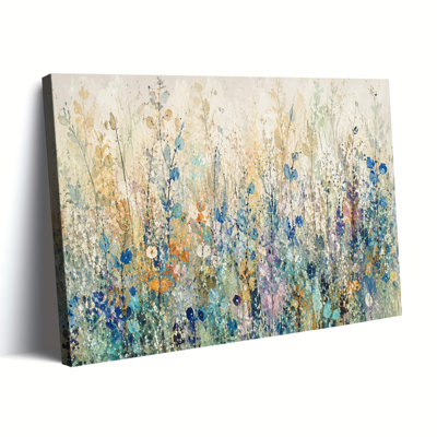 Pastel Abstract Wildflower Field Gallery Wrapped Canvas Print with Soft Multicolor Floral Blooms and Neutral Background Ready to Hang