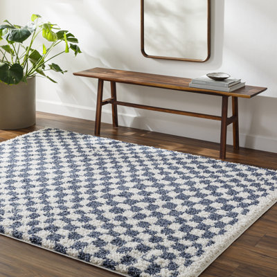 Camryne Rectangle Checkered Machine Woven Polyester Area Rug in Blue/White