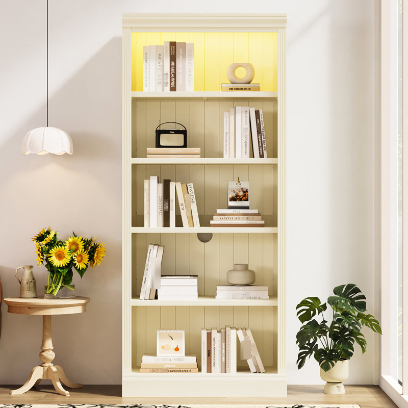 Bibliothèque de rangement de 83,4 po de hauteur avec tablettes à DEL et réglables, convient à l'esthétique de la maison, tablettes décoratives jaunes beiges, gestion des trous de câbles, et plus