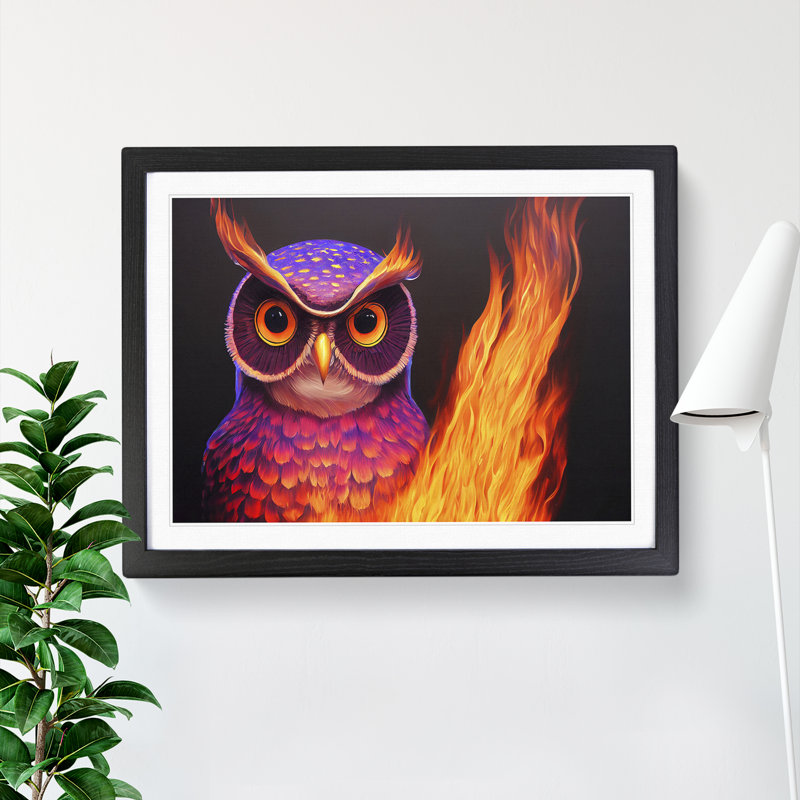 Flaming Owl - Single Picture Frame Print, Black Framed, 25cm H x 34cm W x 2cm D