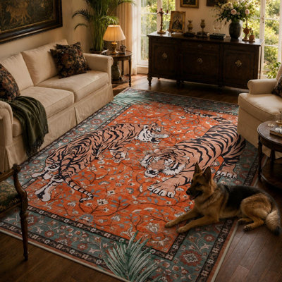 Goldene Oriental Tiger Vintage Washable Area Rug - Soft Cashmere Carpet for Living Room, Bedroom, or Office
