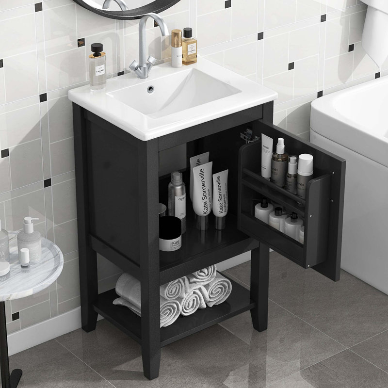Meuble-lavabo de 20 po avec lavabo, armoire de salle de bain avec porte à fermeture douce, support de rangement et tablette ouverte, noir
