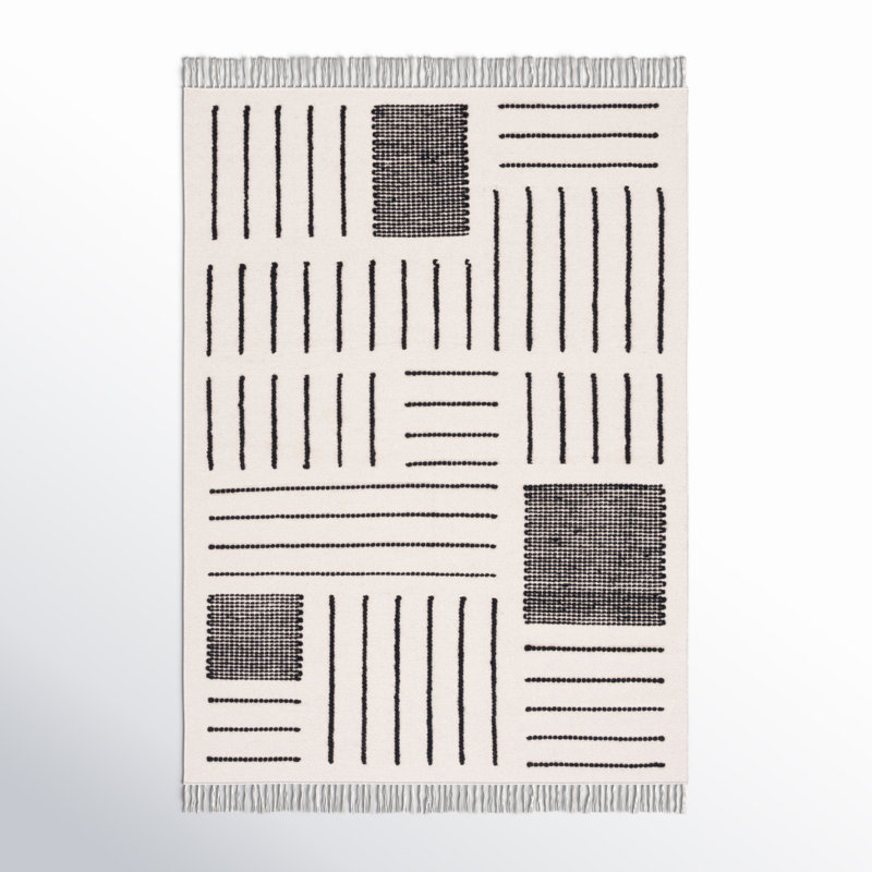 Flore Geometric Handmade Kilim Wool/Cotton Area Rug in Ivory/Black, Rectangle 4' x 6'