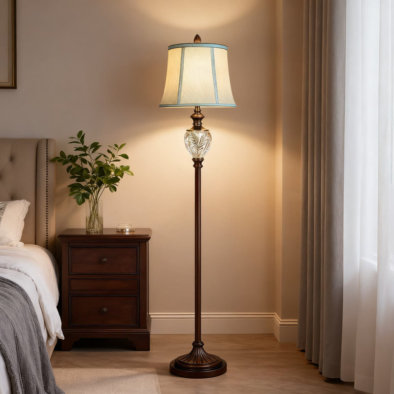 Vintage Farmhouse Floor Lamp With Built-In Nightlight, 64-Inch Tall Standing Lamp With Beige Faux Silk Shade And Rotary Switch For Living Room, Bedroom, Office