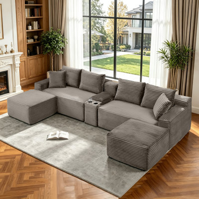 Canapé modulaire désossé en velours côtelé avec console de rangement, chargement USB, aucun assemblage requis
