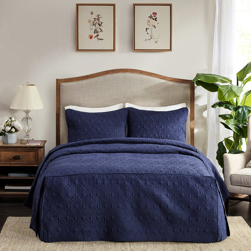 Navy Queen Bedspread 3 Piece - Microfiber Solid, Inhibits Odor Causing (not True), Pleated Corners Soft Microfiber, Classic Pattern, Long-lasting