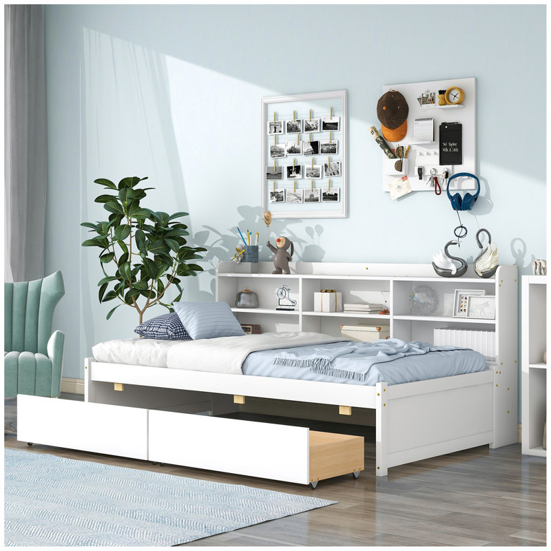 Bed with Side Bookcase, Drawers, Twin, White