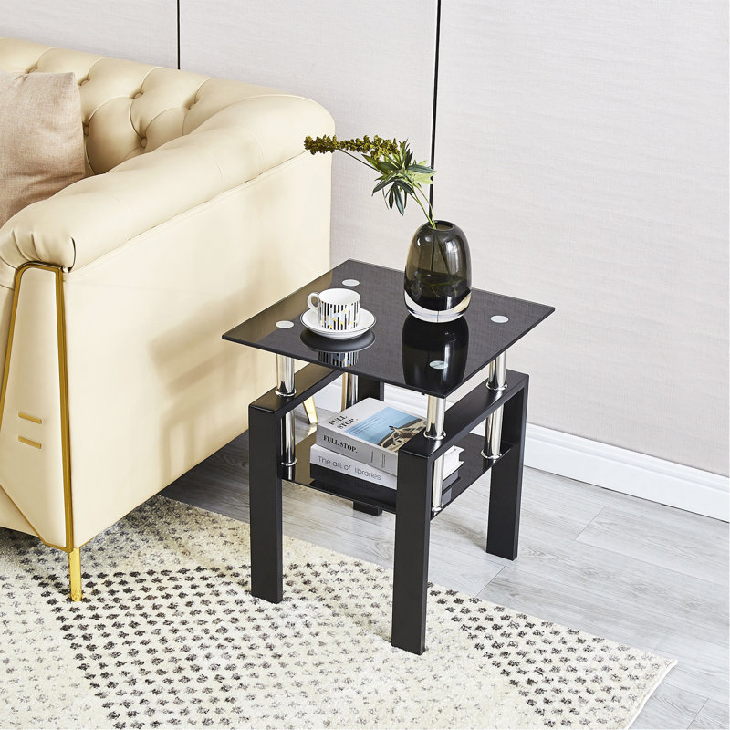 Table de canapé en verre trempé noir, table de bout à 2 niveaux avec rangement, table d'appoint de salon, Noir