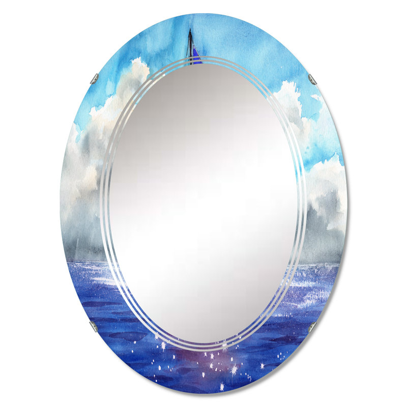Voilier avec voiles bleues - Miroir mural nautique et côtier ovale, 36 po x 24 po