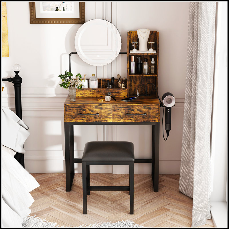 LED Lighted Makeup Vanity With 3 Color Options And Power Outlets, Spacious Storage, Sturdy Metal Legs, And Comfortable Metal Chair For Bedroom Or Dressing Room