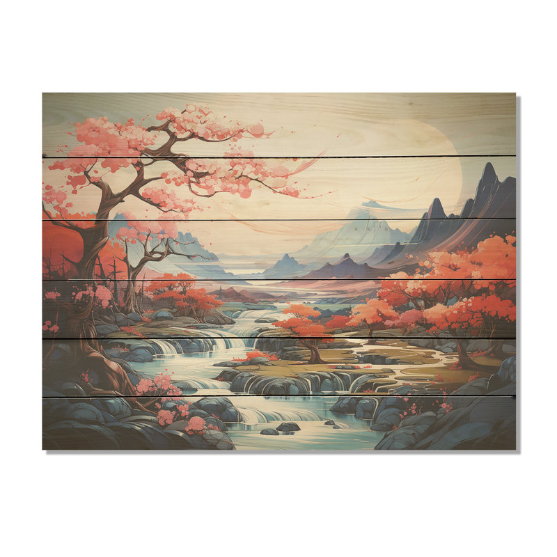 Paysage japonais à l'encre liquide au Japon - Montagnes, art sur bois de pin naturel, H 24 po x l 32 po