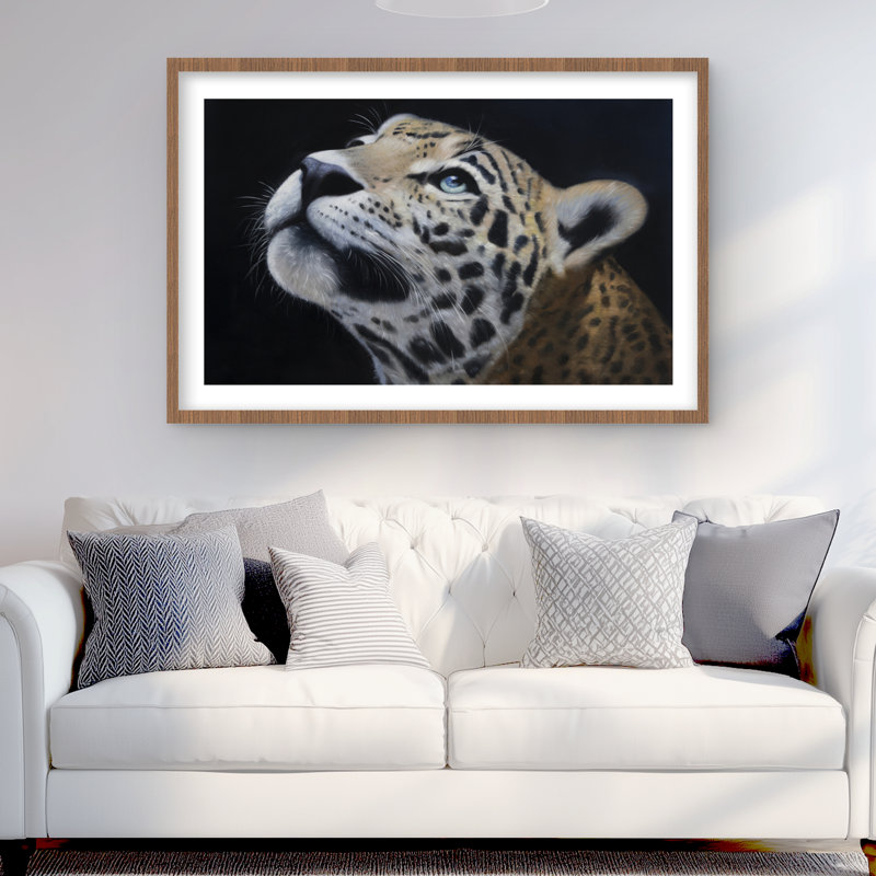 Realistic leopard face - Framed matted print for home decor, Brown