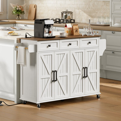 Îlot de cuisine 43,7 po avec abattant et station de charge, chariot d'îlot de cuisine avec 3 tiroirs, porte-serviettes, étagère à épices et tablettes réglables