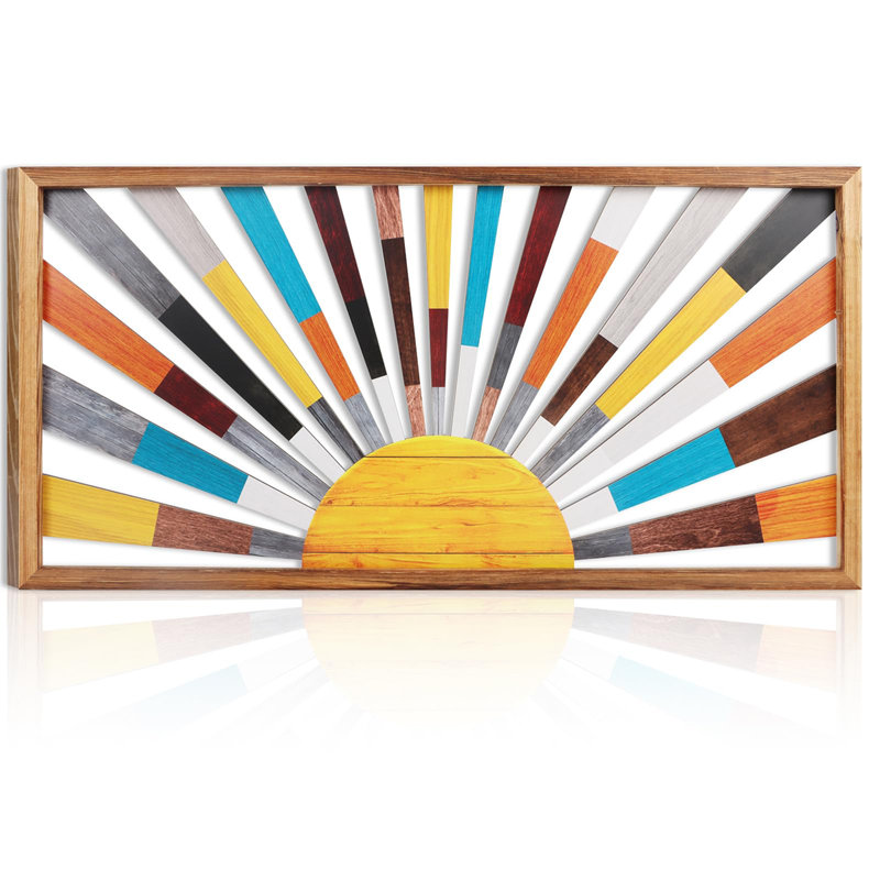 Large Framed Boho Sun Wooden Wall Art Rainbow Sun Rising On Horizon 16x32 Inch Geometric Sunshine For Living Room Bedroom And Office