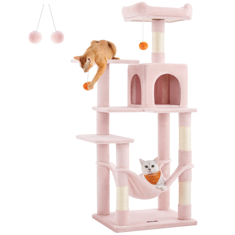 143cm H Cat Tree, Pink, 112cm H x 62cm W x 46cm D