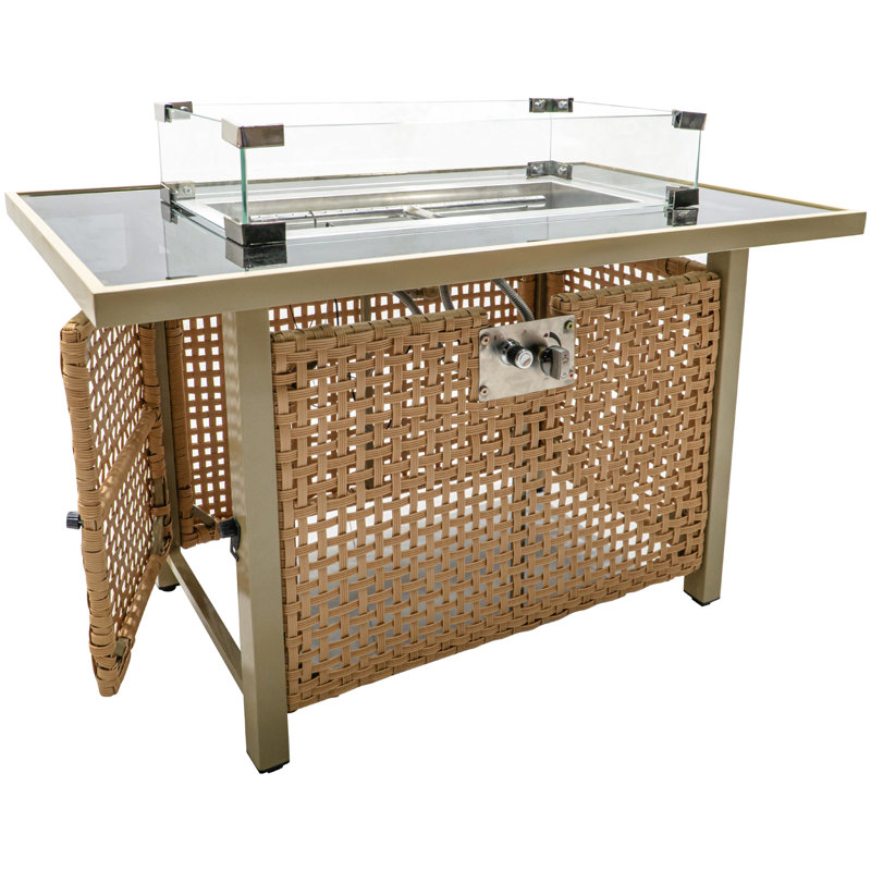 43" Rectangular Patio Fire Table, 60000 Propane, Open Weave , Glass Wind Guard For Outdoor Deck Garden Backyard - Orange & Mustard Yellow Propane Pit Table With Blue Stones,