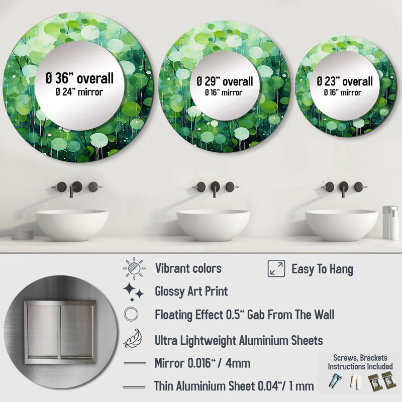 Quirky Quarters Botanical I - miroir décoratif Popart abstrait, miroir mural rond vert, impression sur métal, 36 po x 36 po