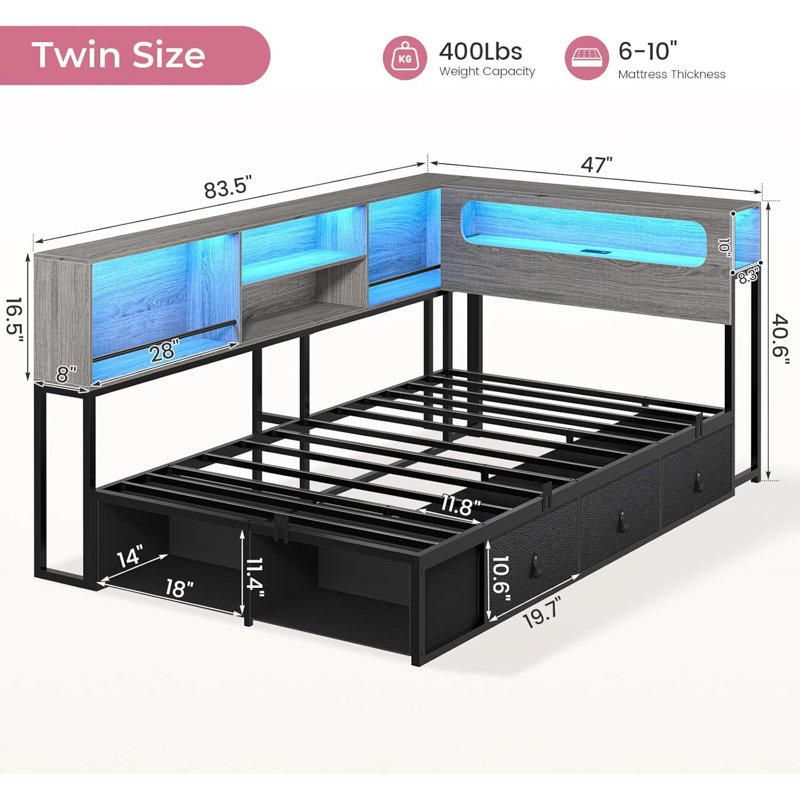 Corner Bed Frame Full Size With Bookcase Storage & Rgb Lights, Charging Station, Metal Daybed With 3 Drawers & 2 Open Cubbies, For  Small Space