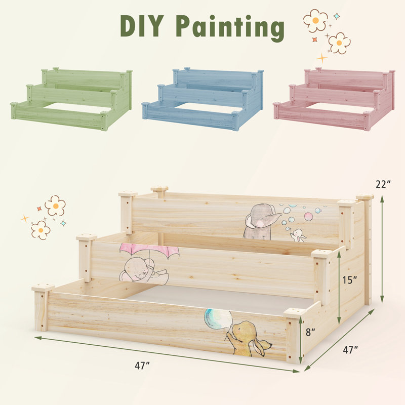 Arlmont & Co. 3-Tier Wooden Raised Garden Bed With Open-Ended Base Growing Planter For Backyard