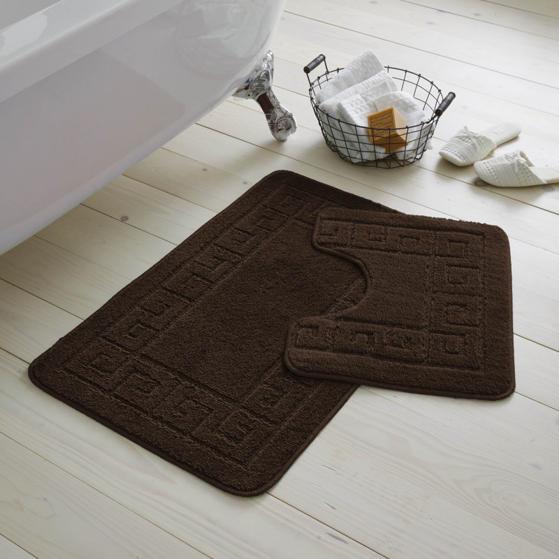 2 Piece Bathroom Rug Set Greek Key Pattern Bath Mat & Pedestal Mat Non Slip Rubber Back Soft Absorbent Mats, Chocolate