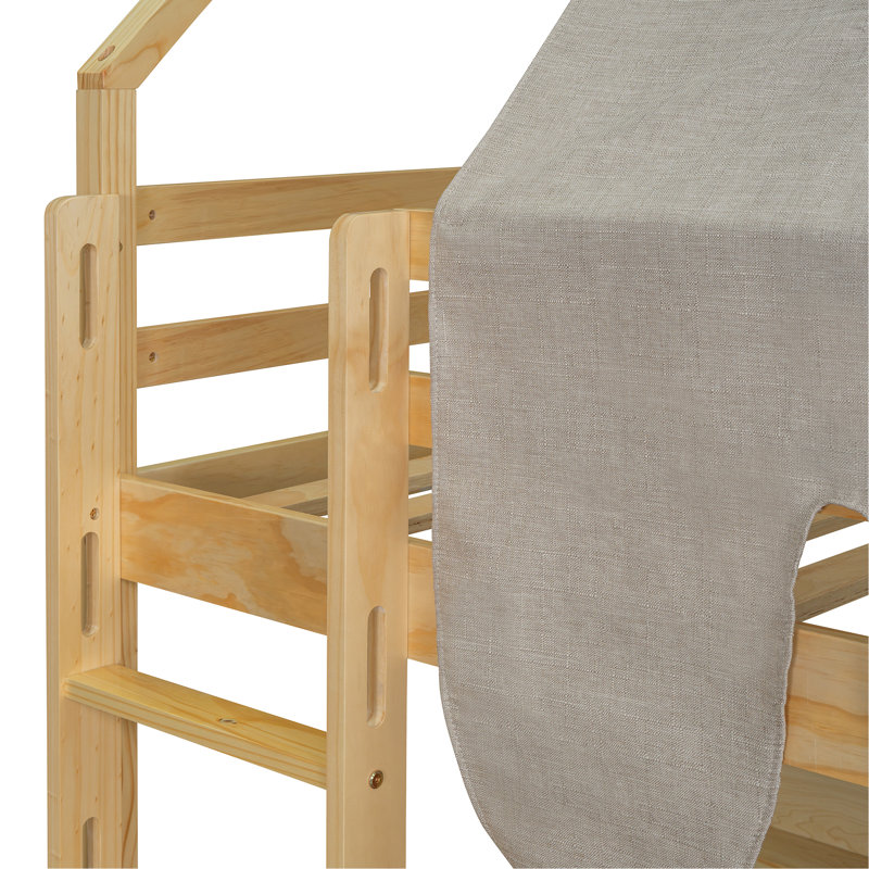 Cadre de lit mezzanine en bois avec tente, Natural, Lit simple