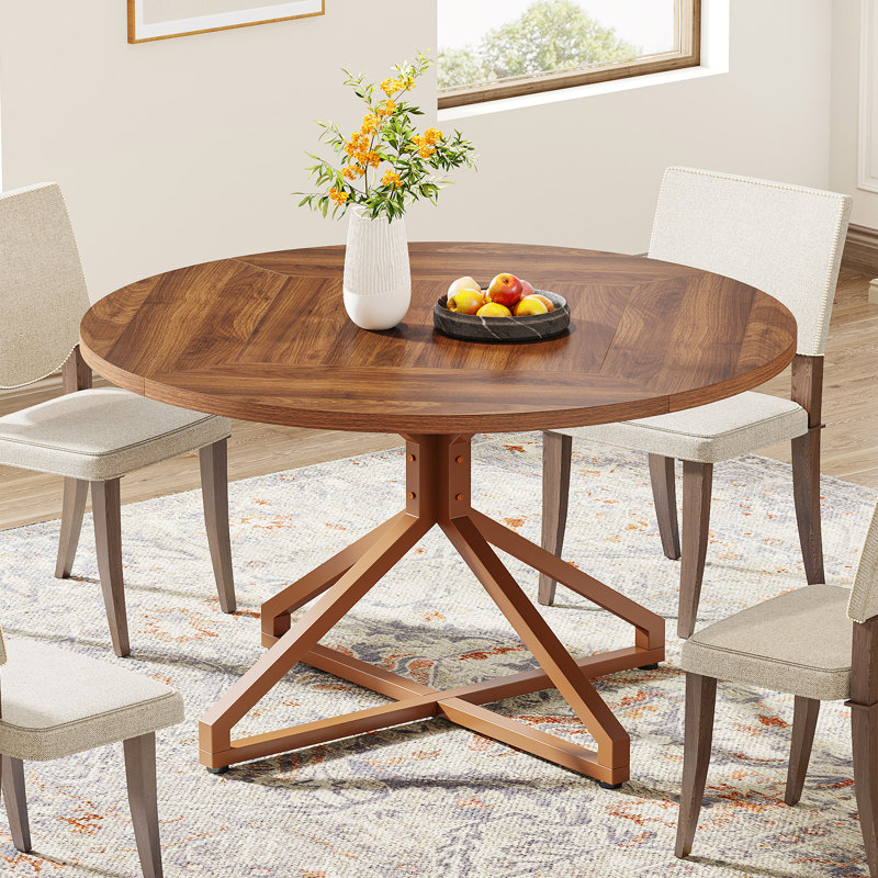 Brown Round Wood Dining Table with Metal Pedestal Base