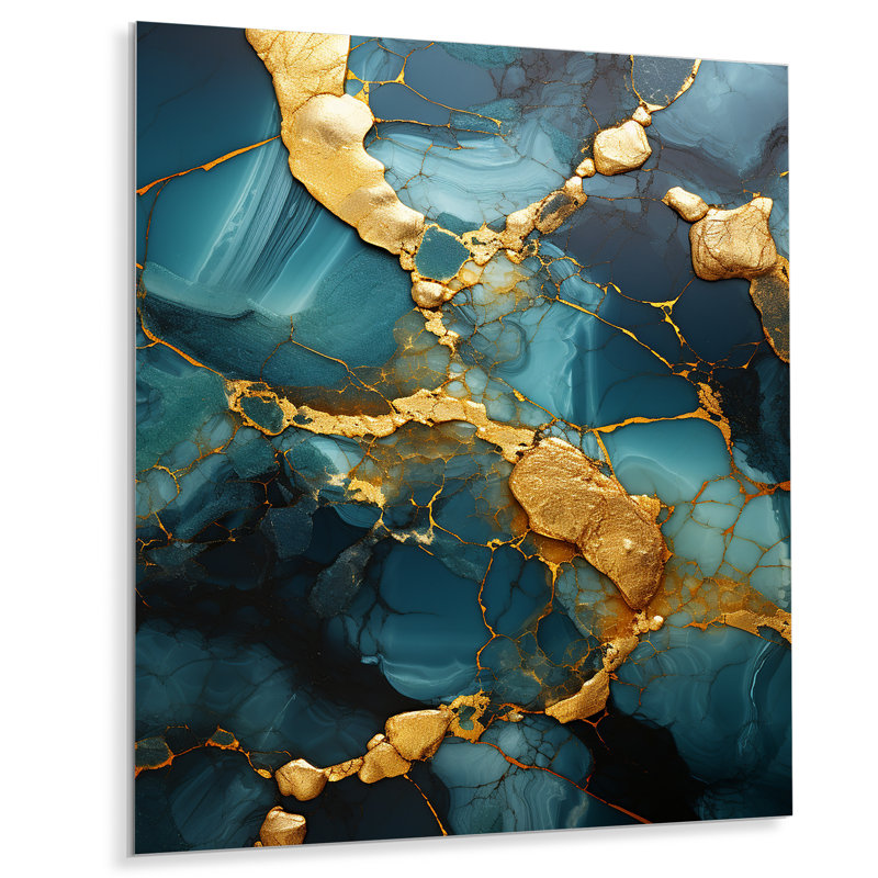 Or et vert topaze agate granit II - impression abstraite d'art mural en métal, H 20 po x l 12 po x P 1 po