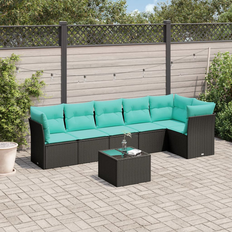  Ensemble de canapé de patio 7 pièces avec coussins en rotin de polyester noir