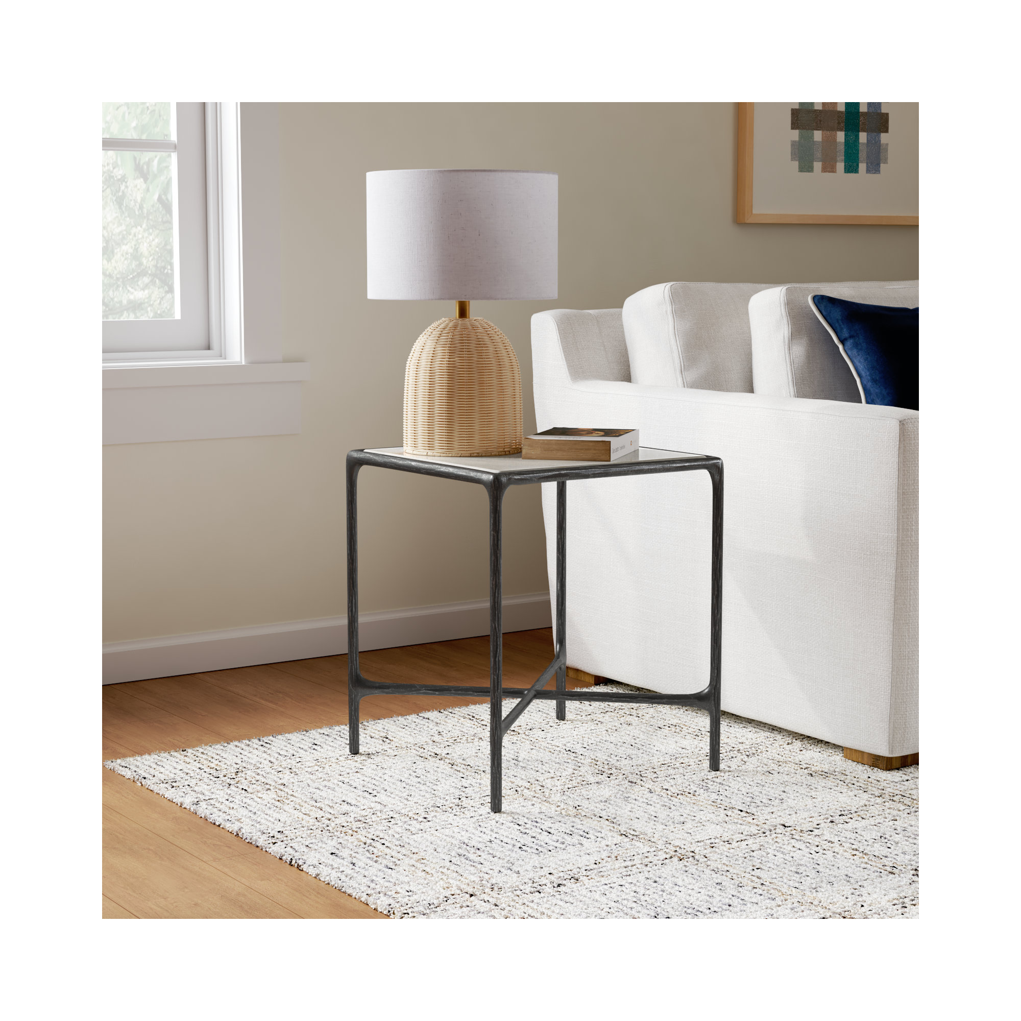 Evelynn End Table, White Marble, Black