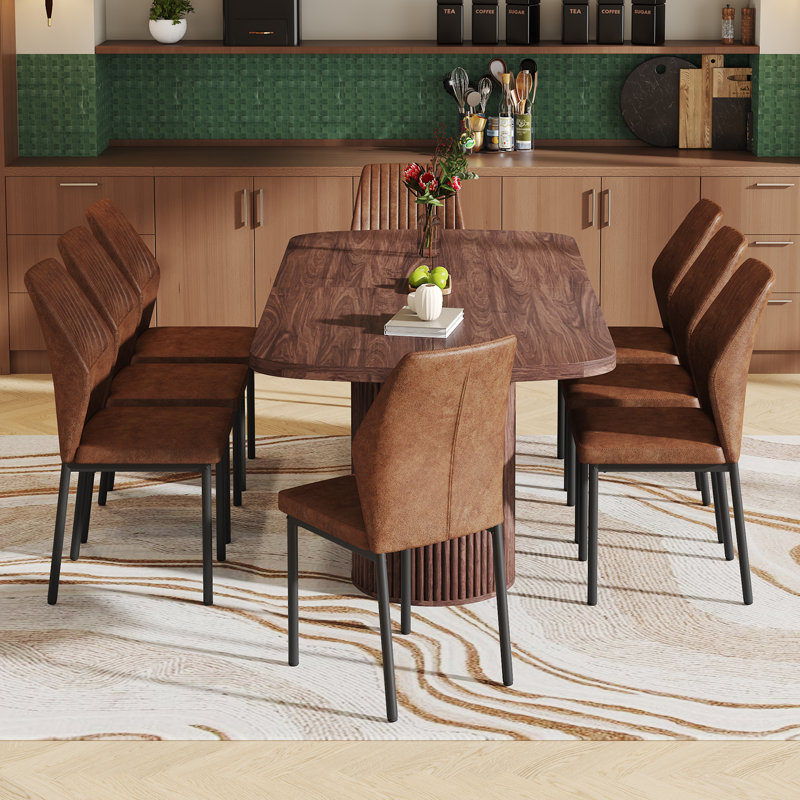 Ensemble de table de salle à manger 78,7 po, 9 pièces : table, 8 chaises, Brun, Bois brun / bois brun