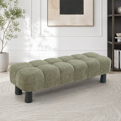 Banc-pouf rembourré bleu de 159 cm (62,6 po), structure en contreplaqué et bois d'hévéa, banc de bout de lit