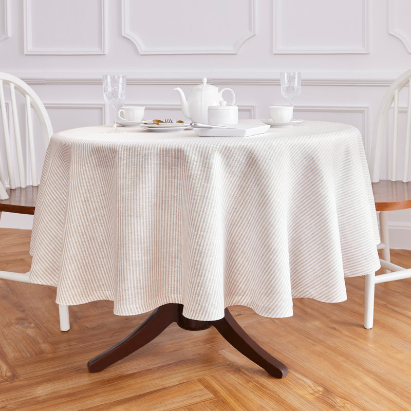Narrow Stripe - 100% Pure Linen Tablecloth, Natural/White, 70" Round